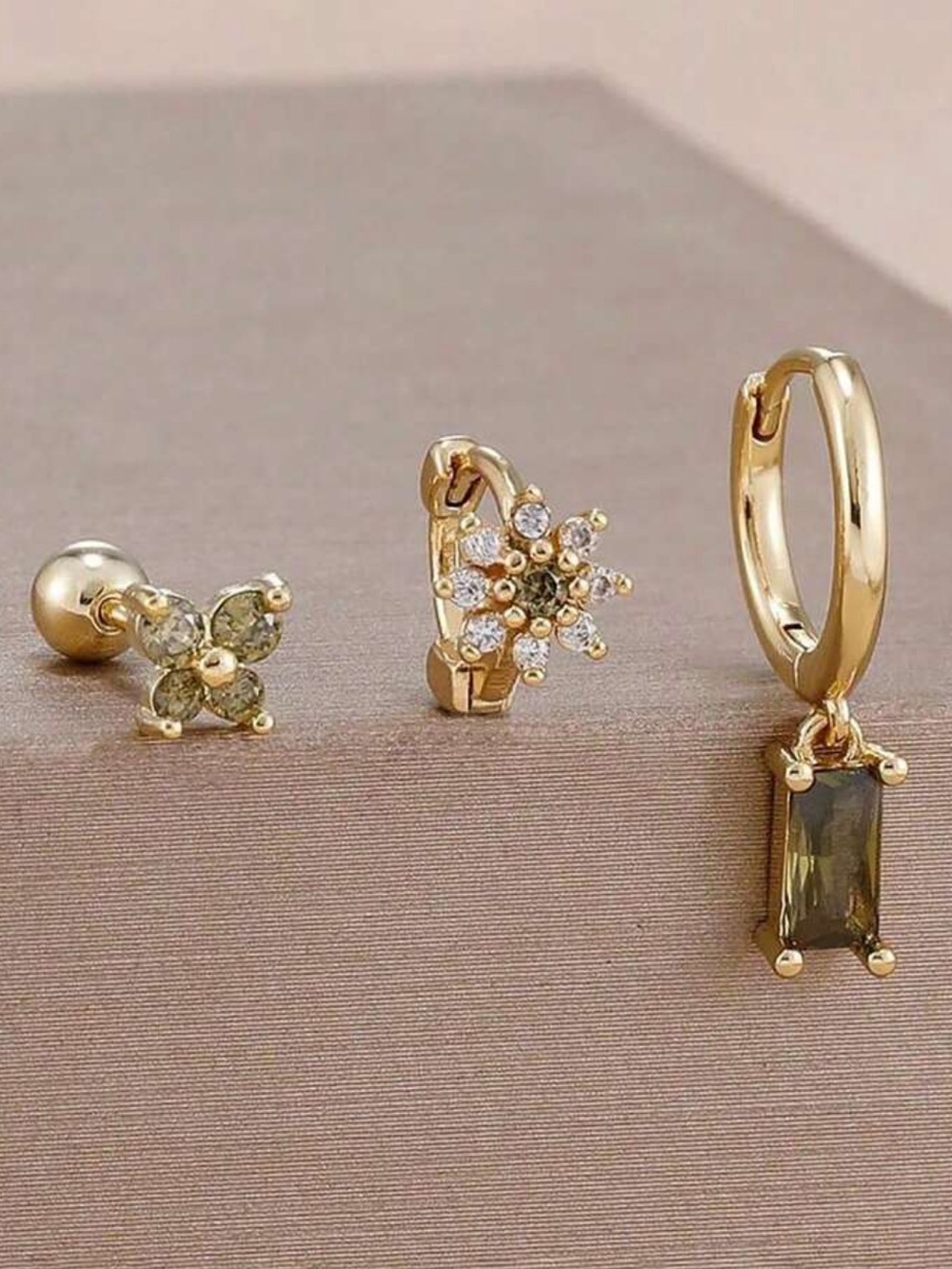 Gold-Plated Green Crystal Charm Hoop Earring 8 - Picture 2 of 2